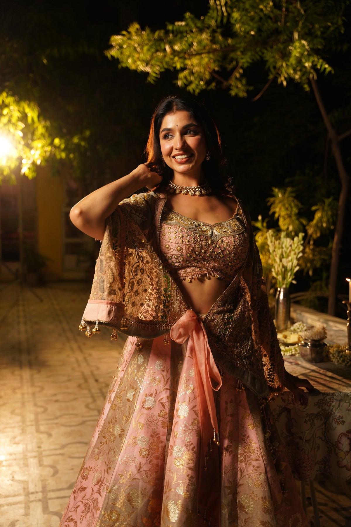 Pink and Gold Brocade Lehenga Set