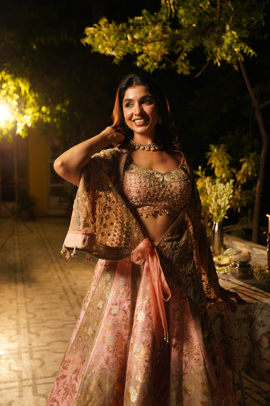 Pink and Gold Brocade Lehenga Set