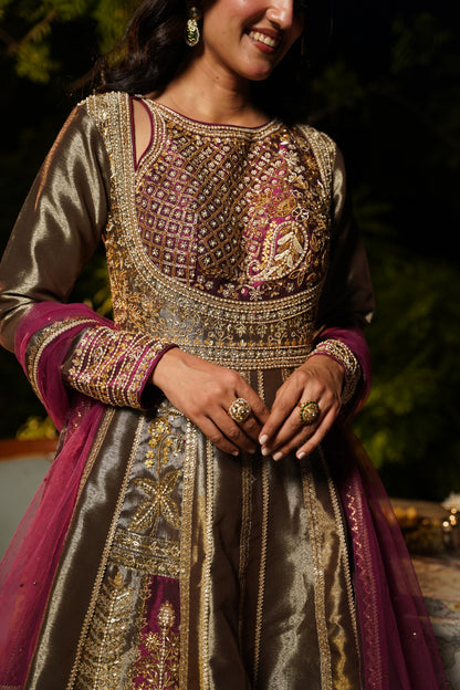 Metallic Grey and Wine Anarkali Set