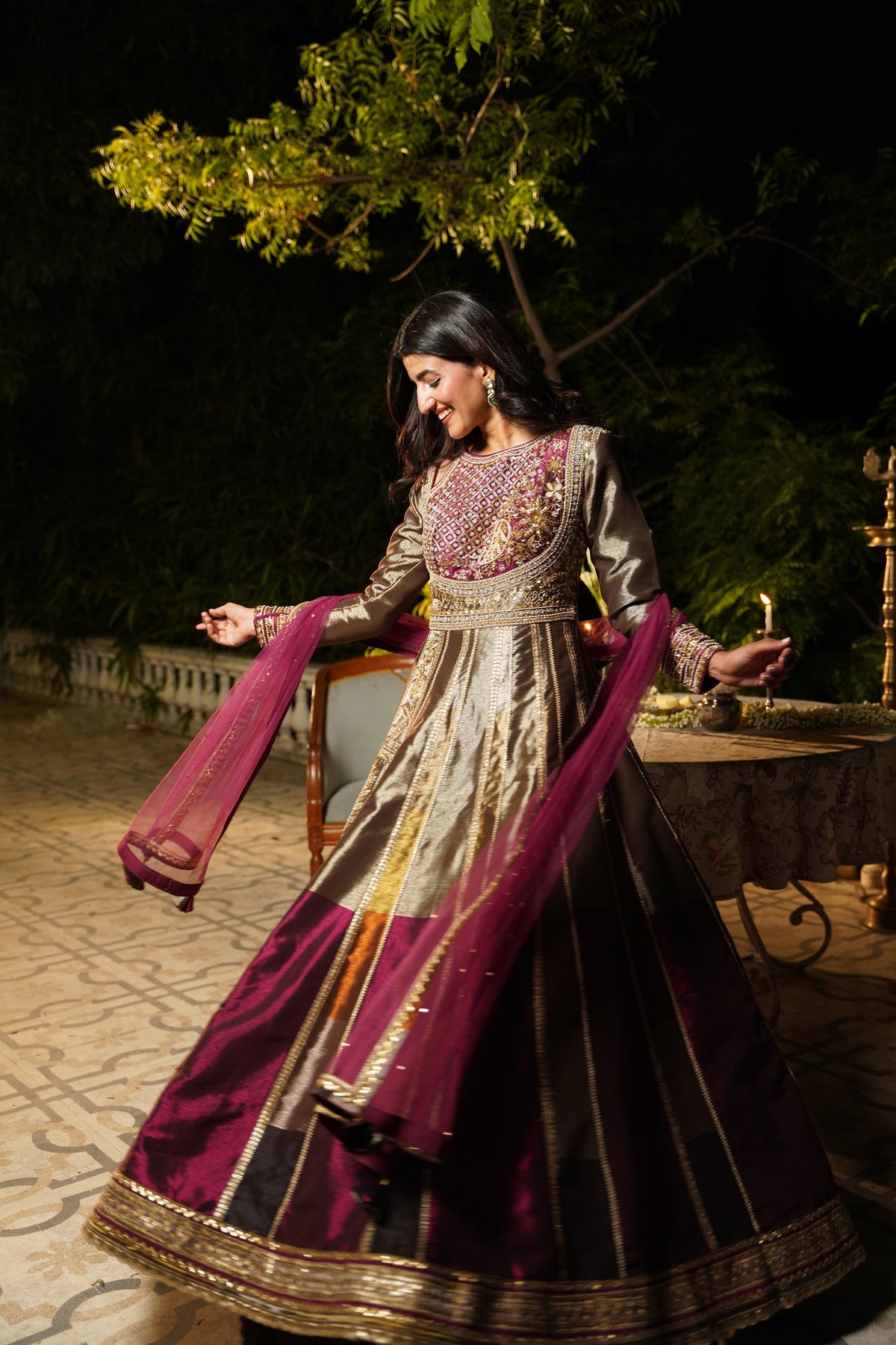 Metallic Grey and Wine Anarkali Set