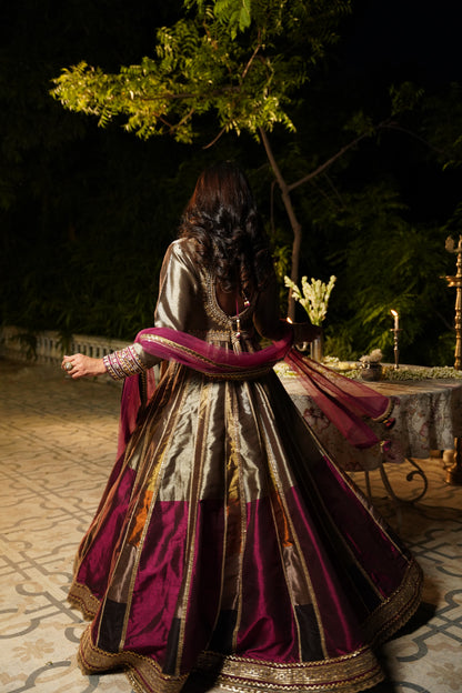 Metallic Grey and Wine Anarkali Set