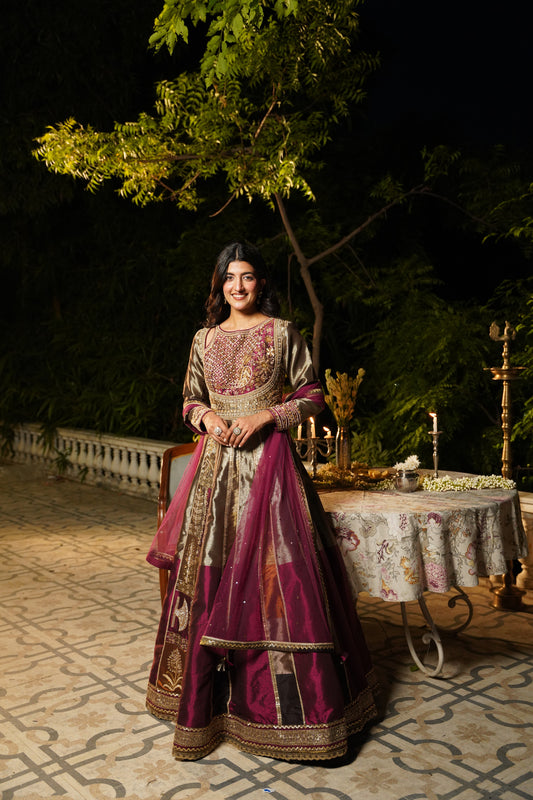Metallic Grey and Wine Anarkali Set