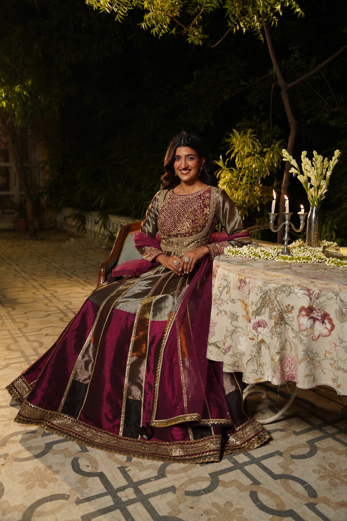 Metallic Grey and Wine Anarkali Set