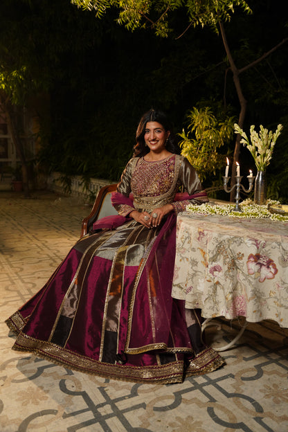 Metallic Grey and Wine Anarkali Set