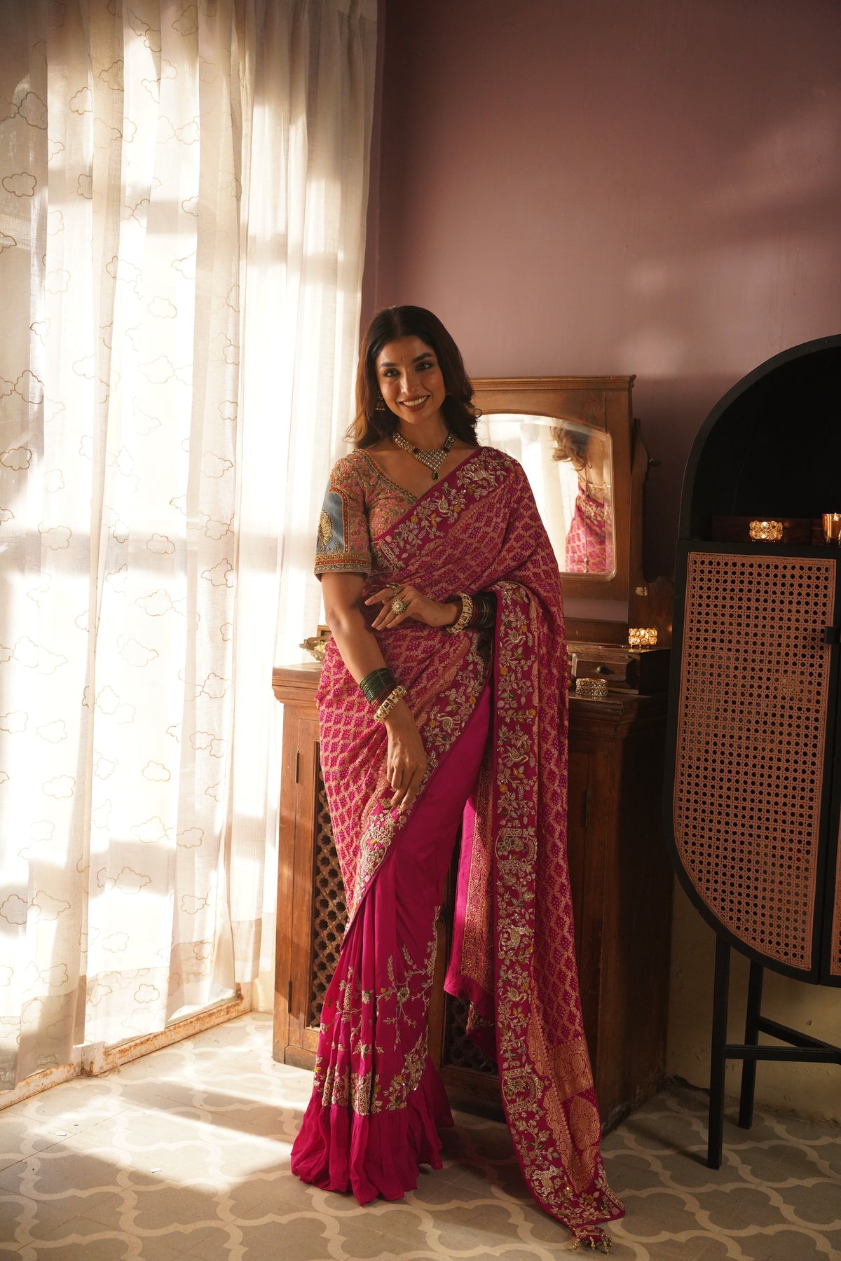 Magenta Pink Embroidered Silk Saree