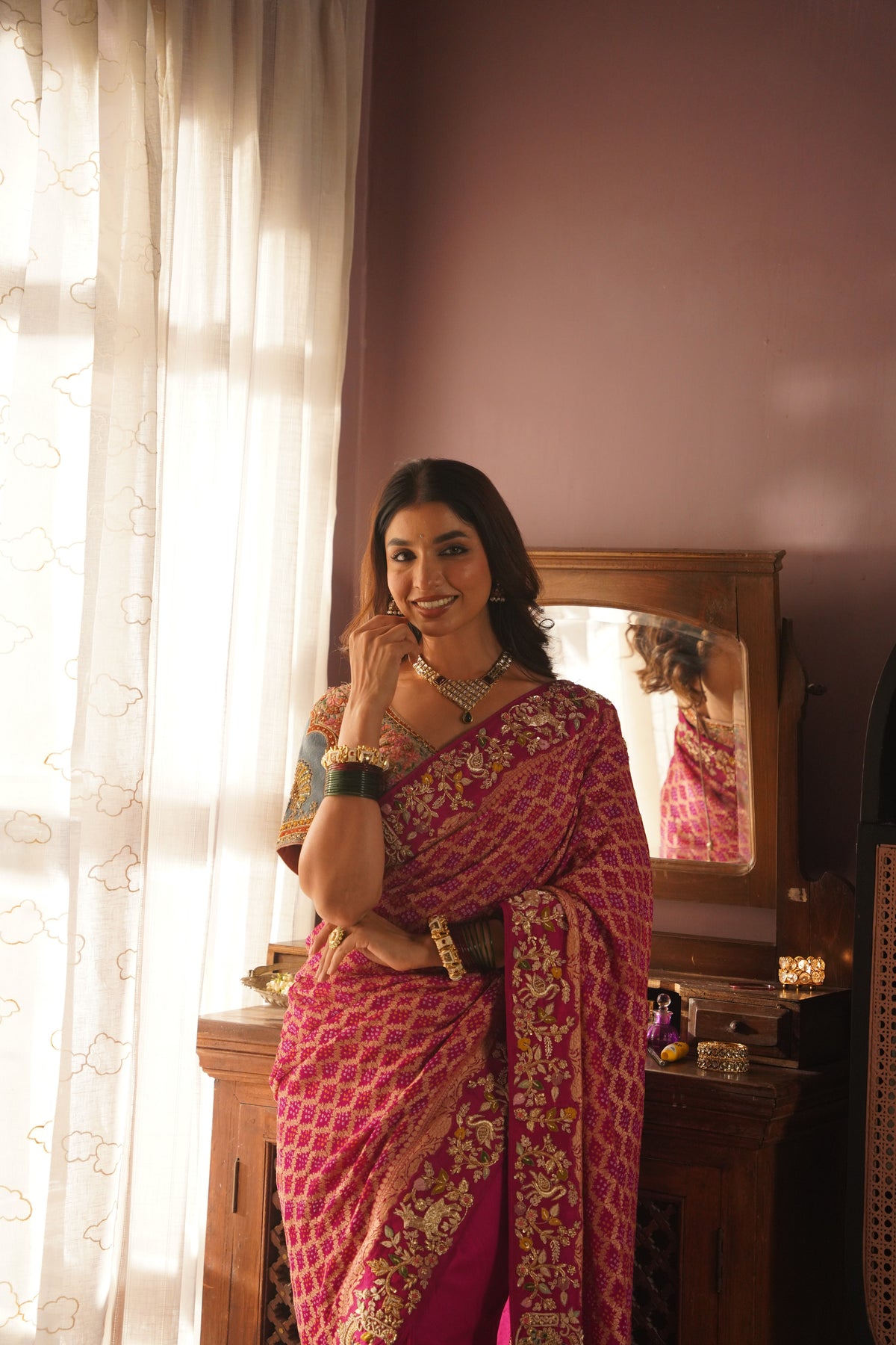 Magenta Pink Embroidered Silk Saree