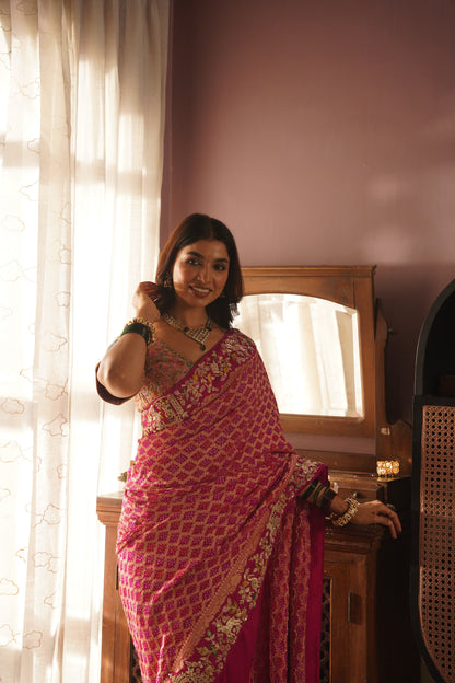 Magenta Pink Embroidered Silk Saree