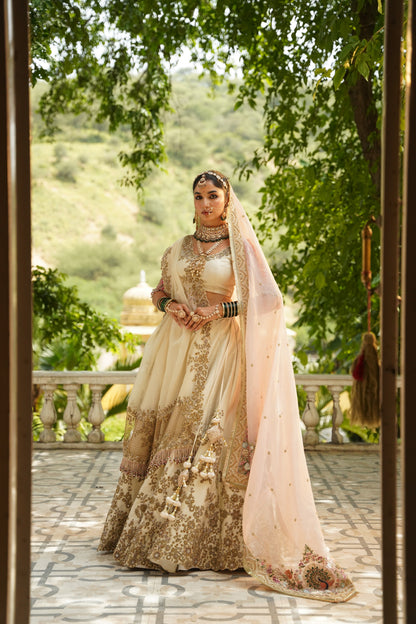 Cream and Rani Pink Embroidered Lehenga Set