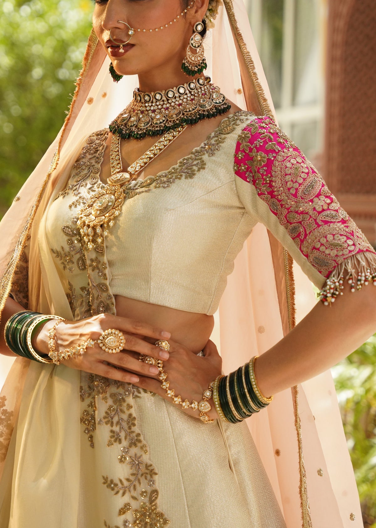 Cream and Rani Pink Embroidered Lehenga Set