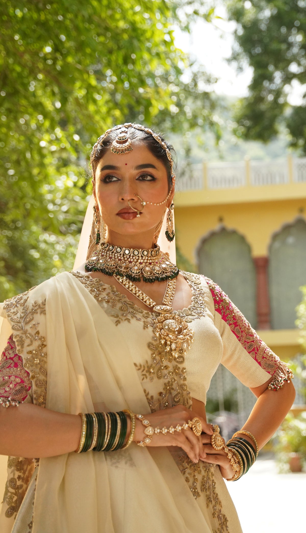 Cream and Rani Pink Embroidered Lehenga Set