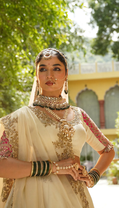 Cream and Rani Pink Embroidered Lehenga Set