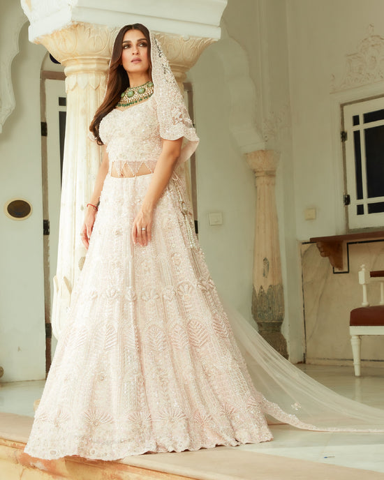 Pearl Pink Lehenga Choli Set With Moti, Sequin And Tube Intricate Hand Work All Over