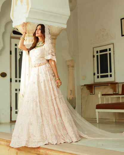Pearl Pink Lehenga Choli Set With Moti, Sequin And Tube Intricate Hand Work All Over