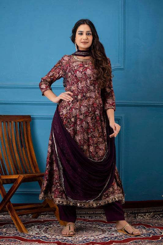 Wine Floral Print Foil Work Anarkali With Pant And Dupatta