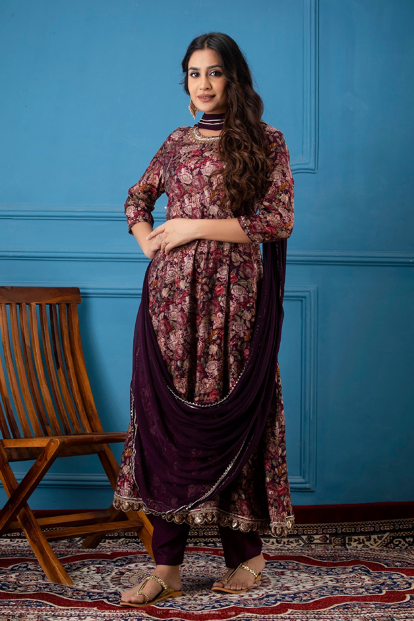 Wine Floral Print Foil Work Anarkali With Pant And Dupatta