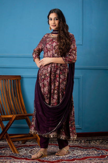 Wine Floral Print Foil Work Anarkali With Pant And Dupatta