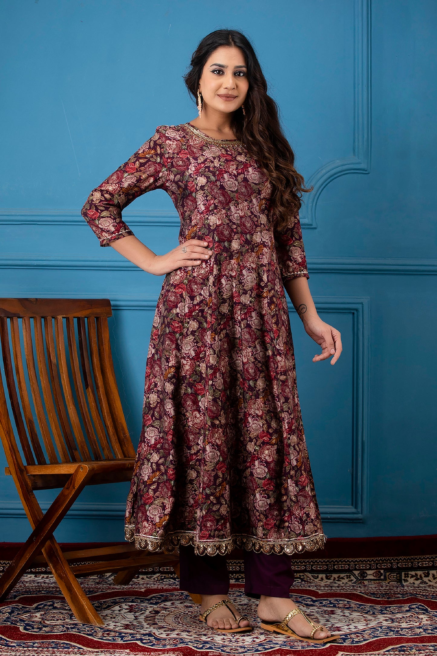 Wine Floral Print Foil Work Anarkali With Pant And Dupatta