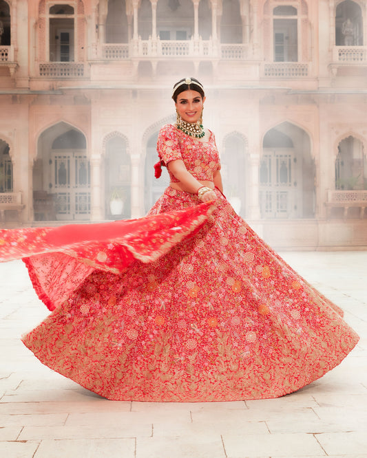 Rose Red Lehenga Choli Set In Raw Silk With Multi Color Resham And Zardozi Work