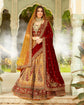 Fire Yellow Heavily Embellished Lehenga Set In Antique Work With Maroon And Green Velvet Highlights