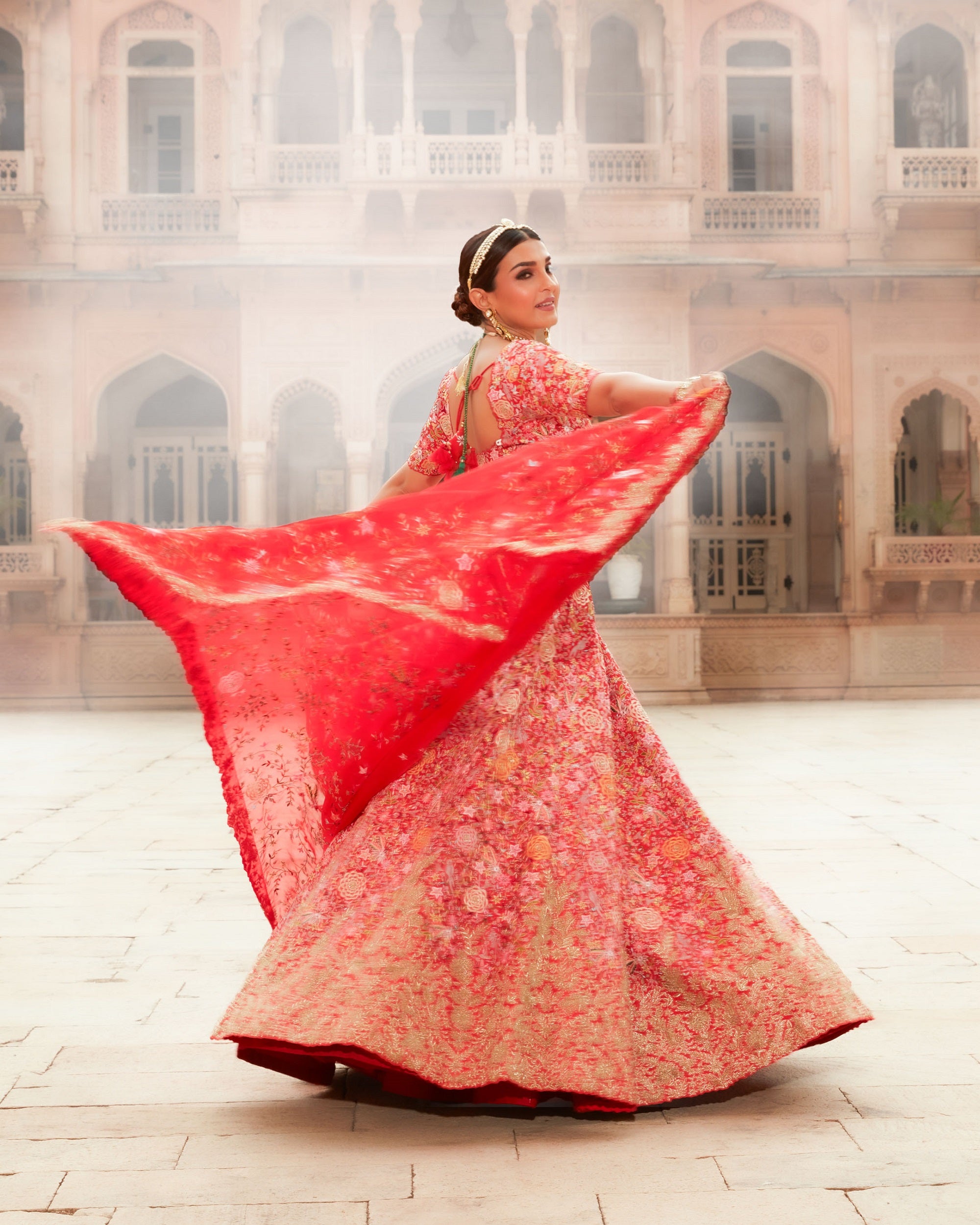 Red softy silk lehenga set, jacquard design skirt, contrast jacquard design  blouse & intricate banaras dupatta