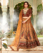 Fire Yellow Heavily Embellished Lehenga Set In Antique Work With Maroon And Green Velvet Highlights