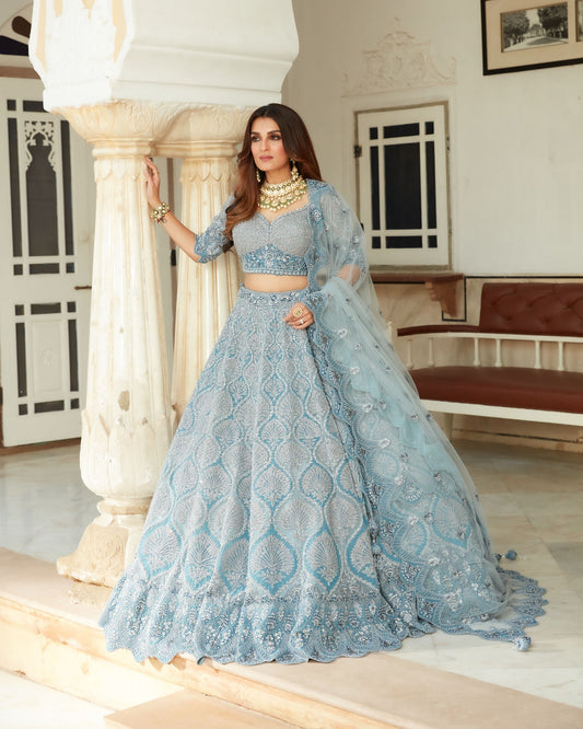 Canton Blue Lehenga Set In Net With Sequin, Resham And Cut Dana Embroidery