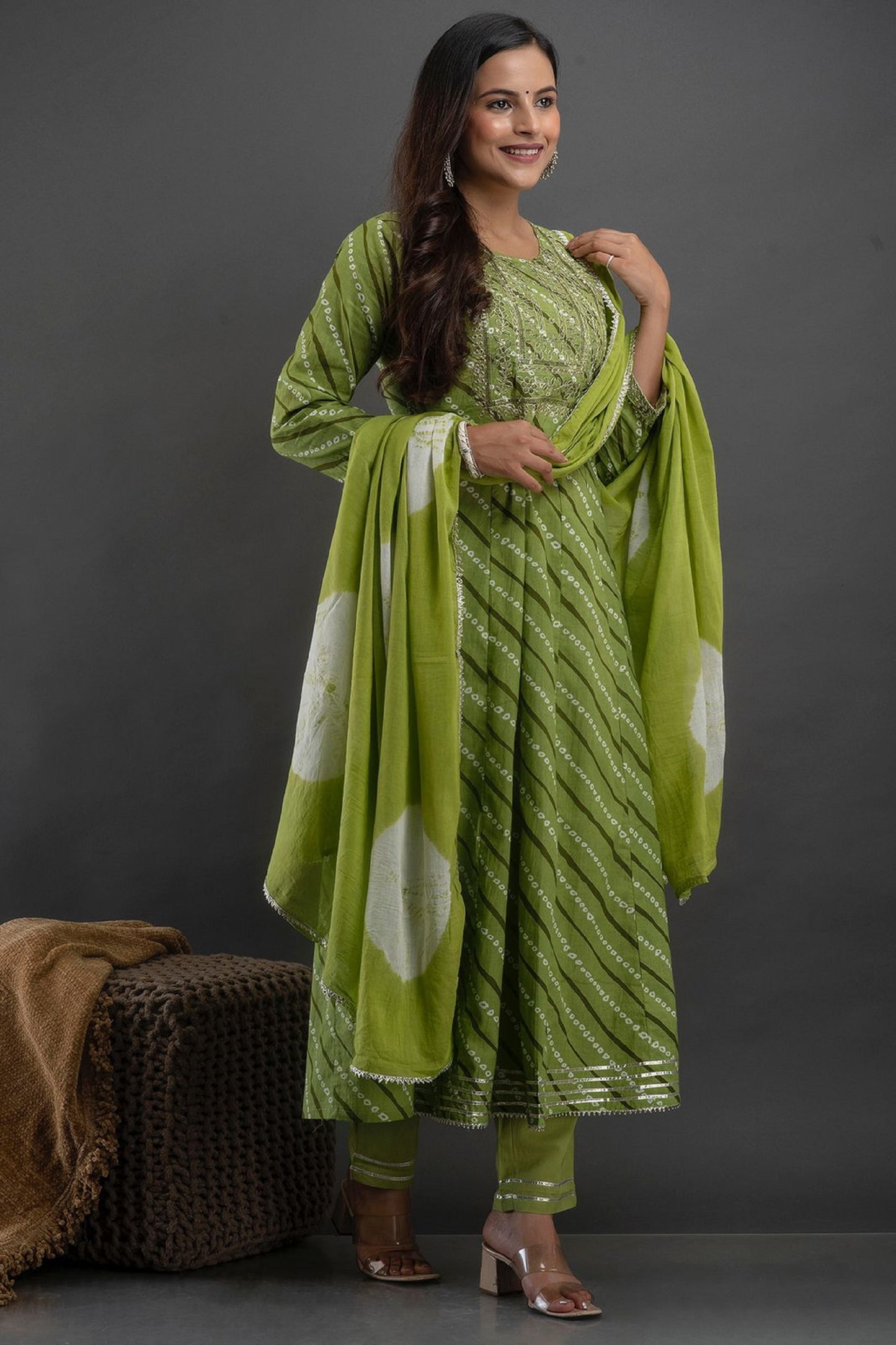Mehendi Green Embroided Cotton Silk Anarkali Kurta Set