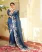 Prussian Blue Silk Organza Saree With Heavy Hand Work All Over