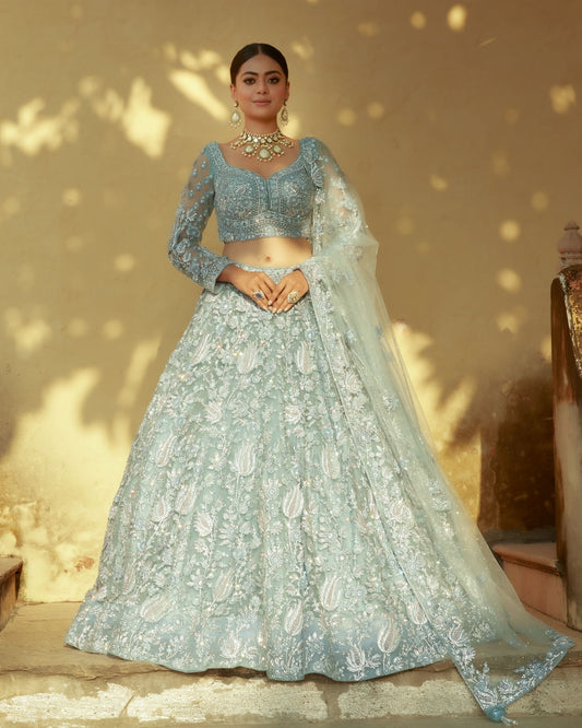 Light Blue Lehenga Set In Net With Heavy Embroidery Of Floral Jaal Work All Over It