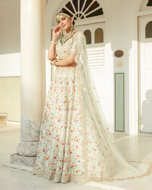 Mint Green Multi Colour Reshan Embroidered Raw Silk Lehenga Set