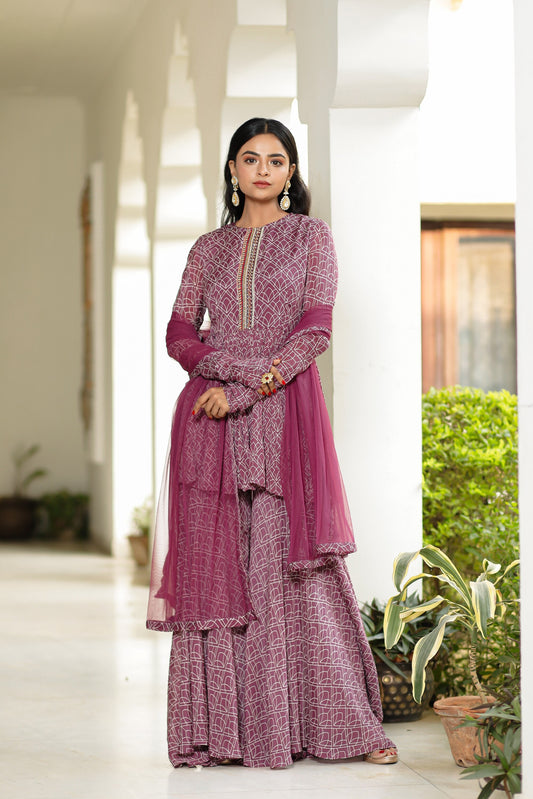 Purple Digitally Printed Chinnon Crepe Three Piece Sharara Set With Embellishment