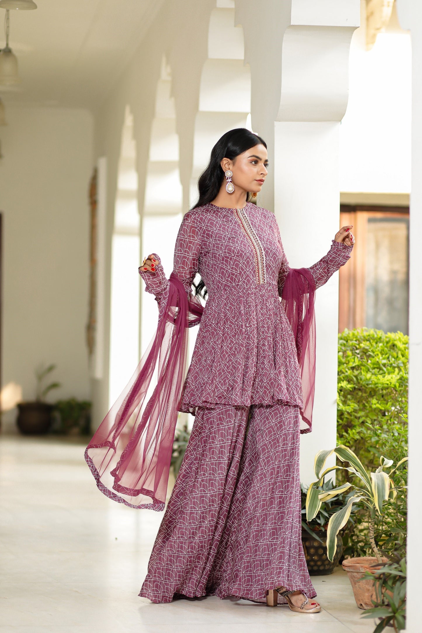 Purple Digitally Printed Chinnon Crepe Three Piece Sharara Set With Embellishment