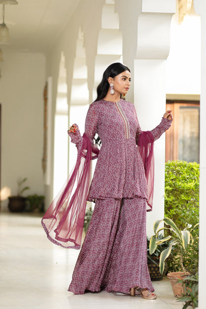 Purple Digitally Printed Chinnon Crepe Three Piece Sharara Set With Embellishment