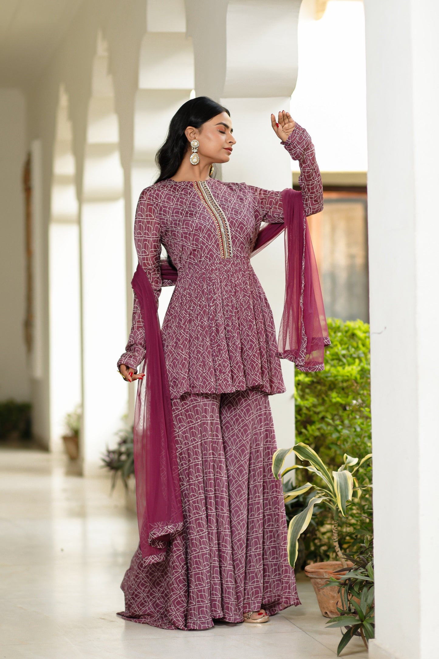 Purple Digitally Printed Chinnon Crepe Three Piece Sharara Set With Embellishment