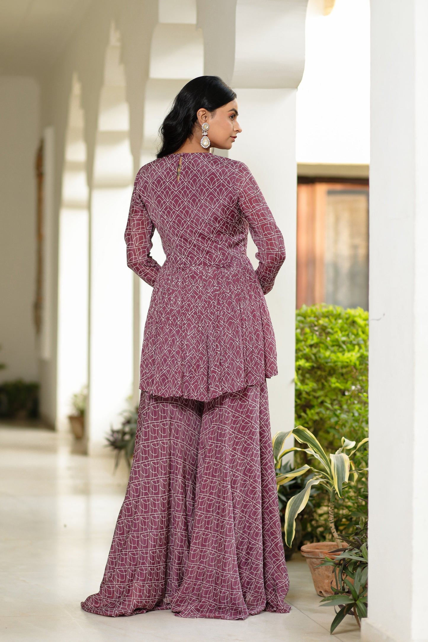 Purple Digitally Printed Chinnon Crepe Three Piece Sharara Set With Embellishment