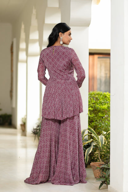 Purple Digitally Printed Chinnon Crepe Three Piece Sharara Set With Embellishment