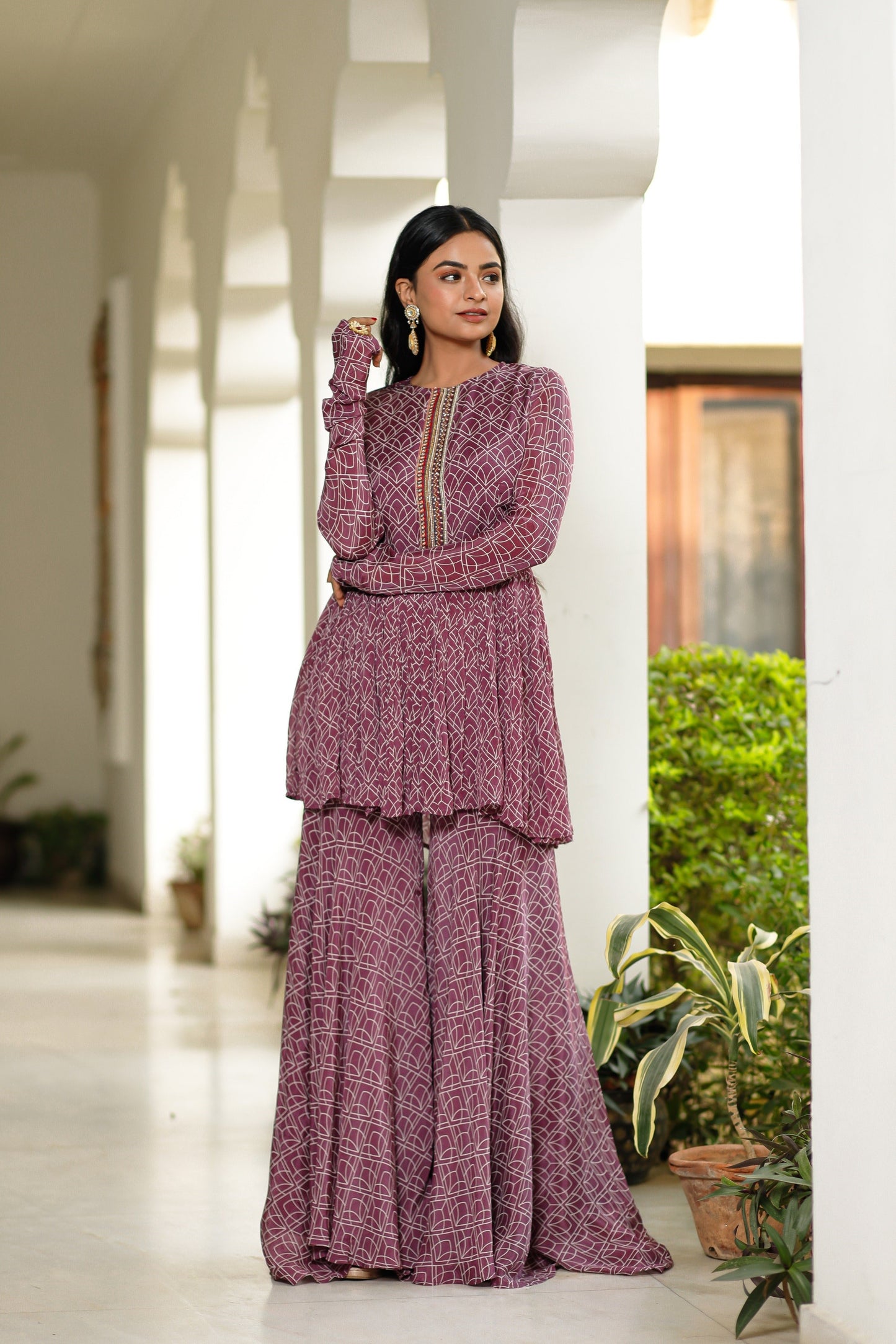 Purple Digitally Printed Chinnon Crepe Three Piece Sharara Set With Embellishment