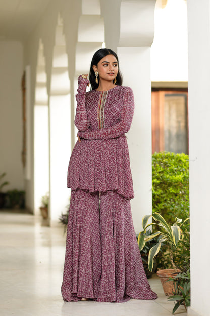Purple Digitally Printed Chinnon Crepe Three Piece Sharara Set With Embellishment