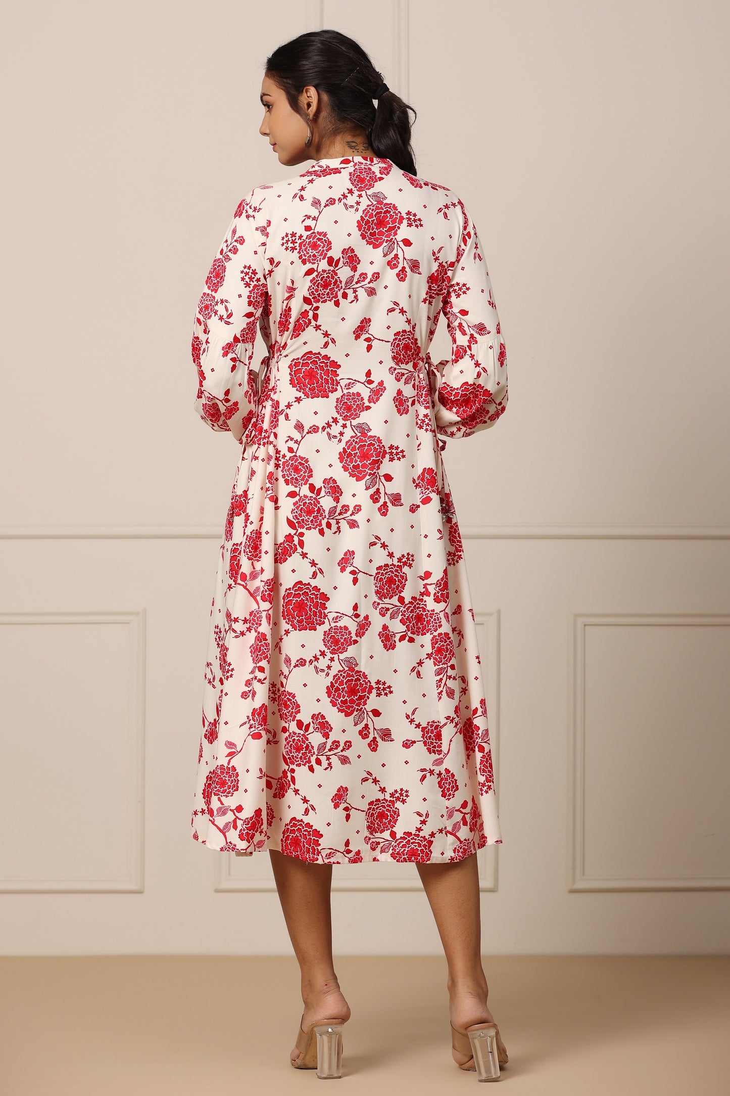 White Satan Silk Red Floral Print Dress