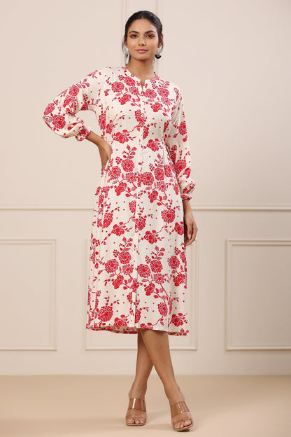 White Satan Silk Red Floral Print Dress