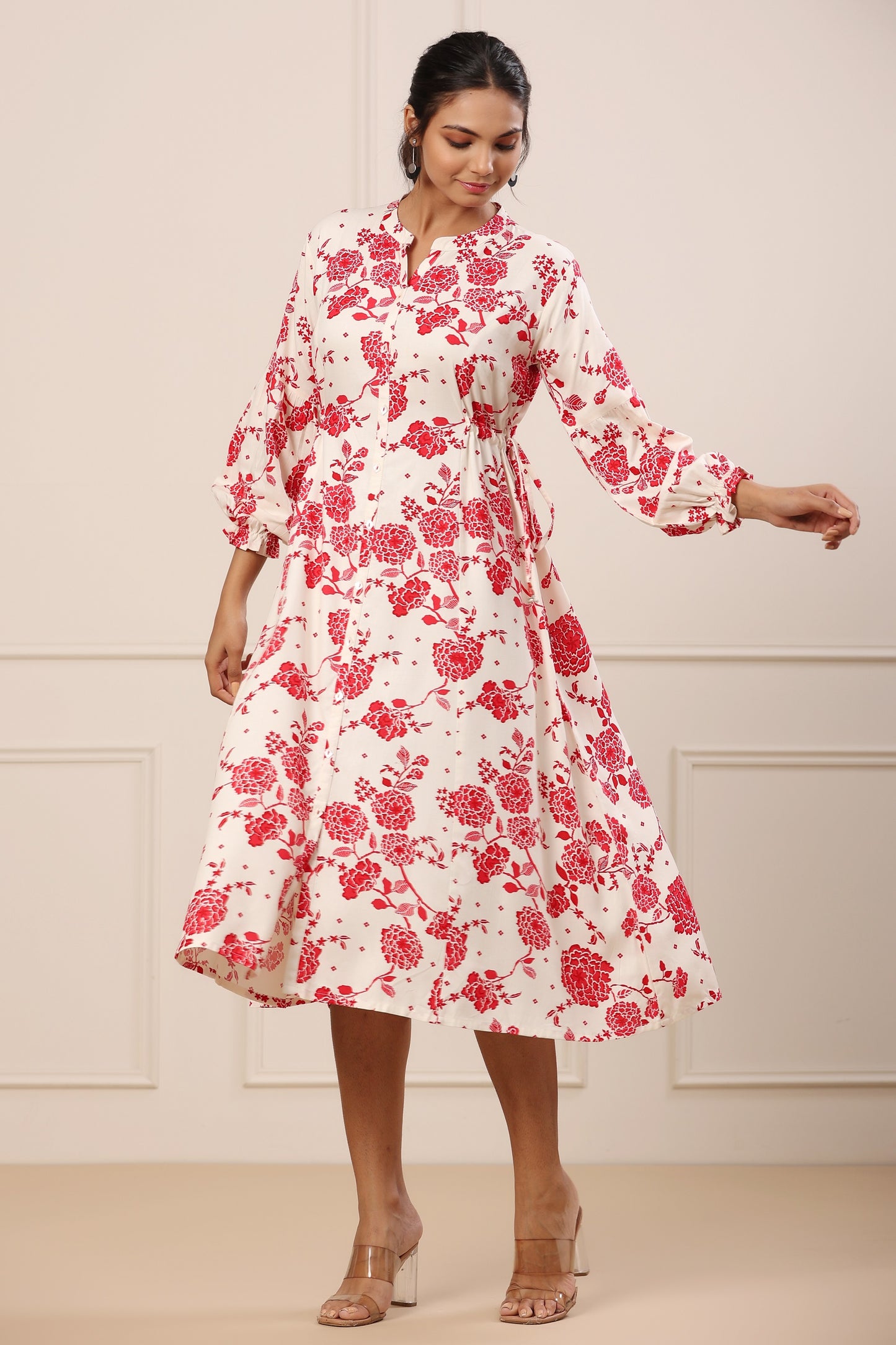 White Satan Silk Red Floral Print Dress