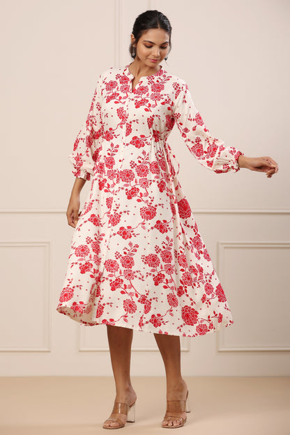 White Satan Silk Red Floral Print Dress