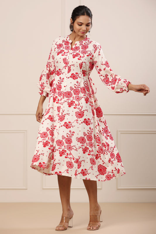White Satan Silk Red Floral Print Dress