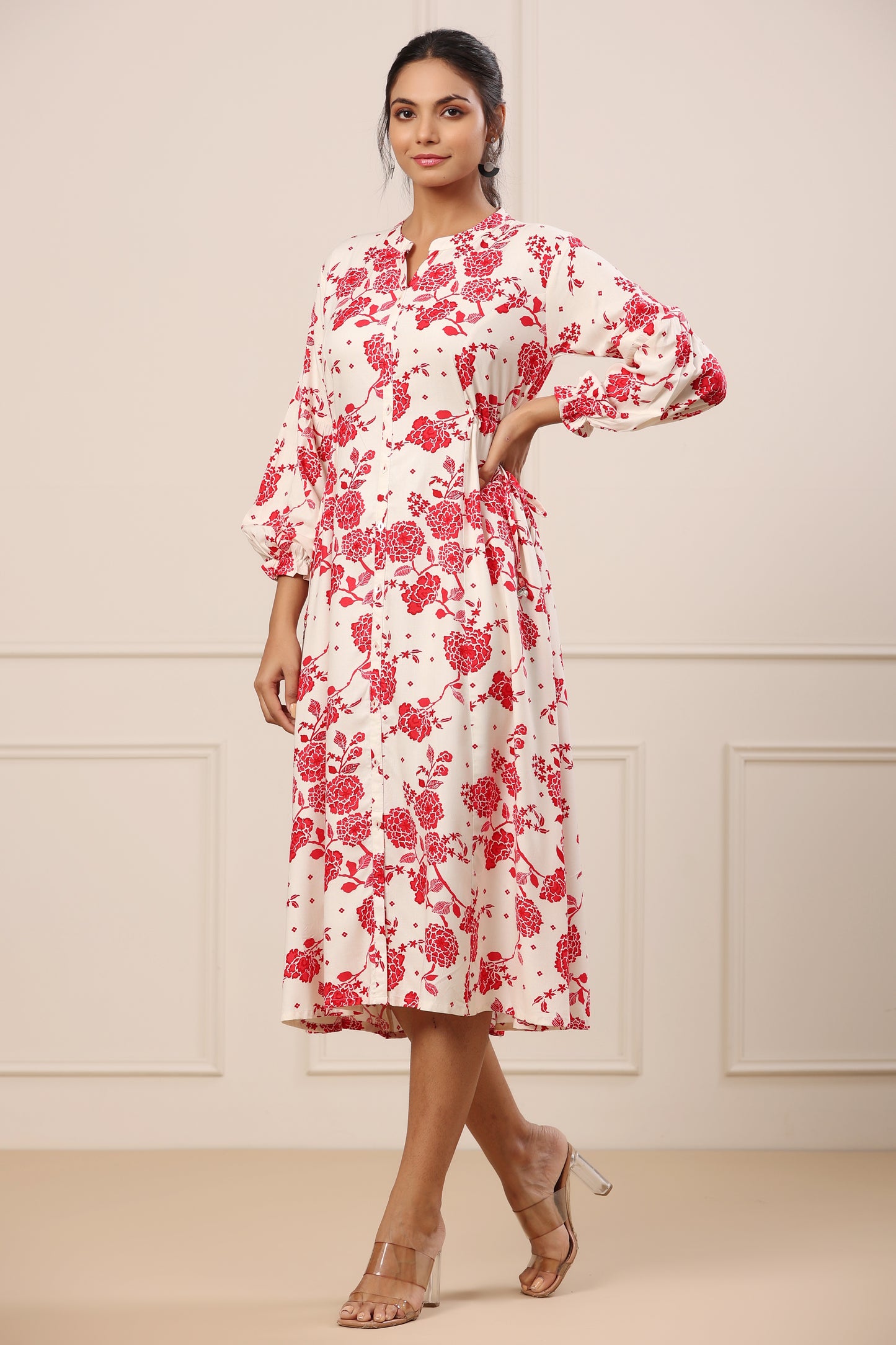 White Satan Silk Red Floral Print Dress