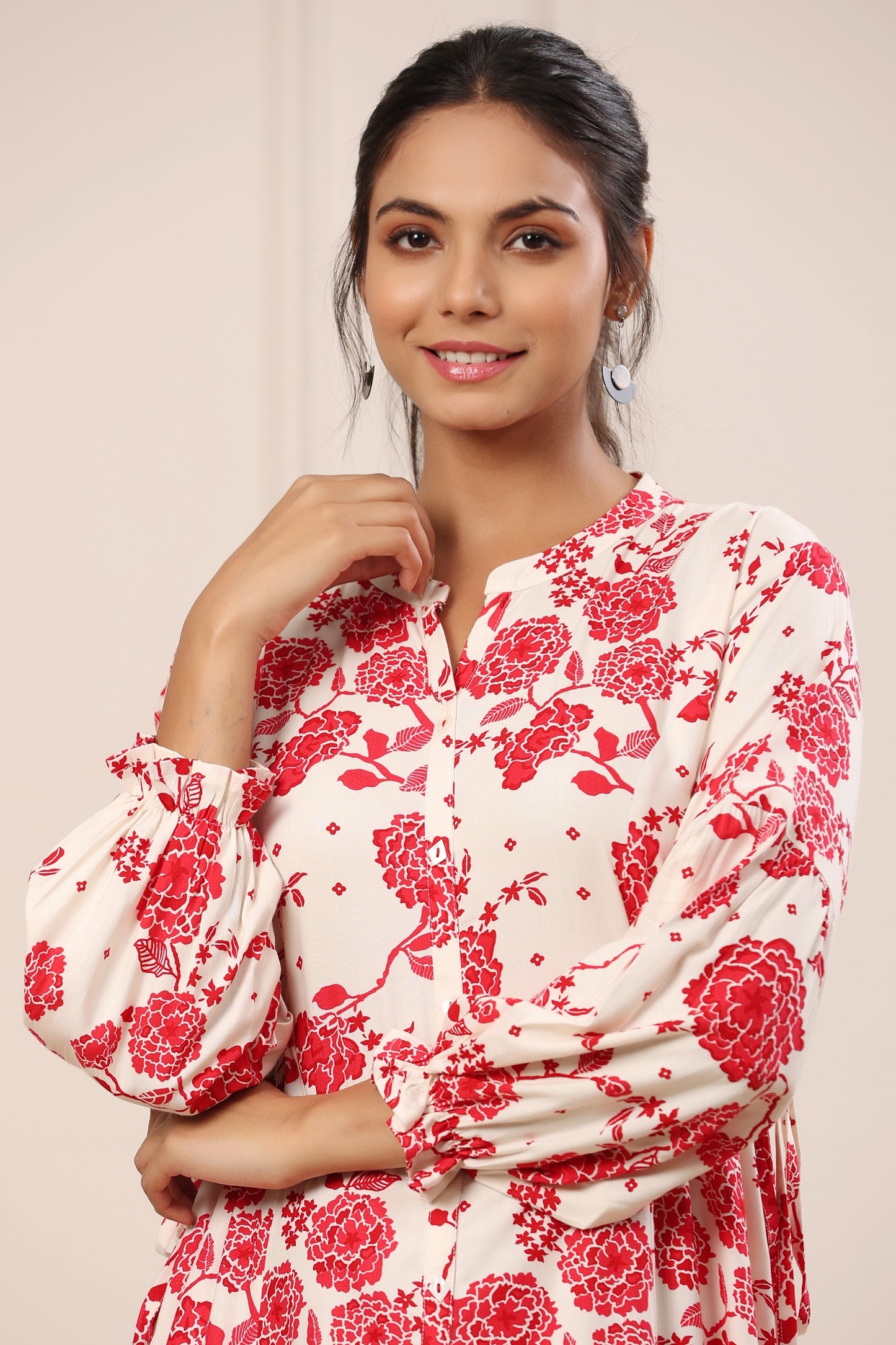 White Satan Silk Red Floral Print Dress