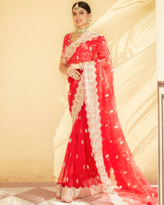 Cherry Red Silk Organza Embellished Saree With Scallop Hem