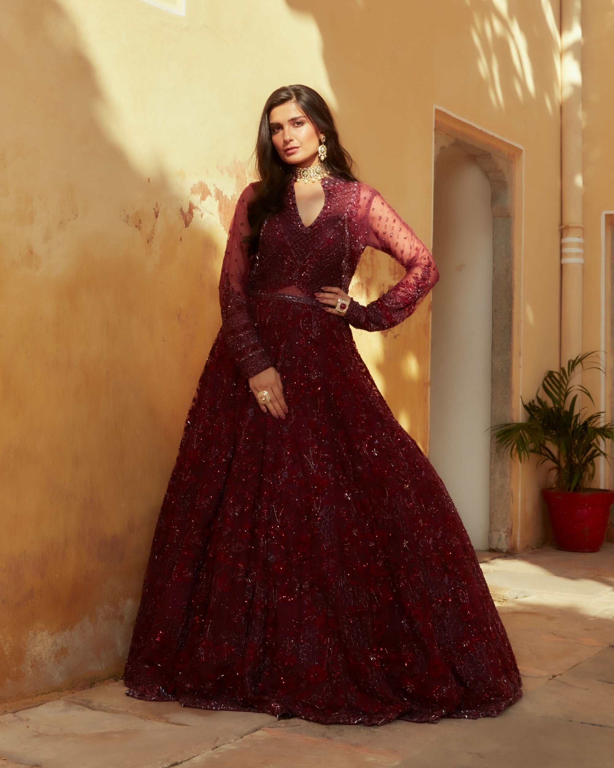 Dark Plum Floral Embellished Net Gown