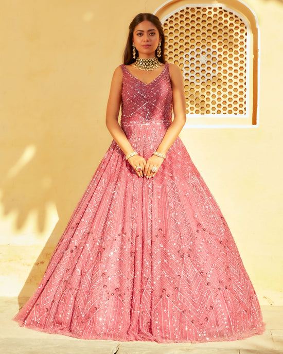 Light Magenta Geometric And Floral Embroidery Net Gown