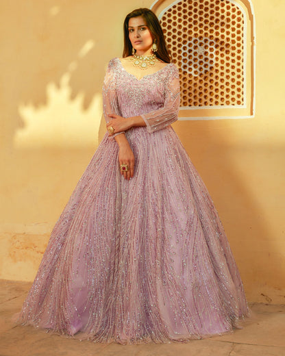 Light Lavender Net Ballgown Embellished With Moti, Sequin, Cut Dana, And Stone