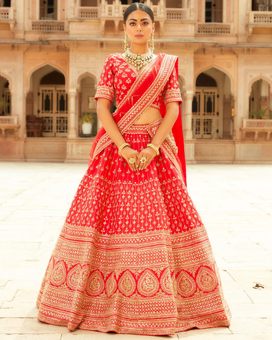 Dastur Red Royal Heritage Lehenga And Choli Se In 3D Petal Motifs Embroidery With Sequin, Zari, Cut Dana And Zardozi